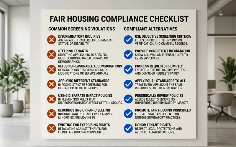 Checklist infographic showing seven common fair-housing screening mistakes