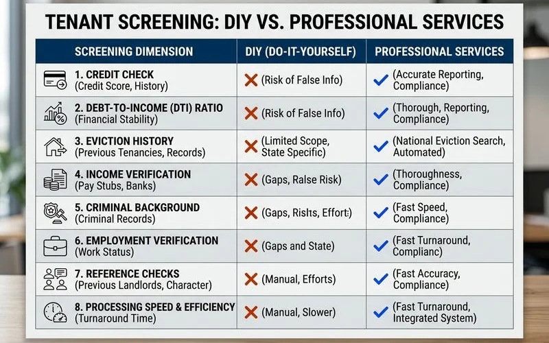 Comparison table showing eight screening dimensions across DIY tools and professional screening
