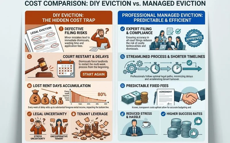 Cost comparison showing DIY hidden costs vs managed eviction