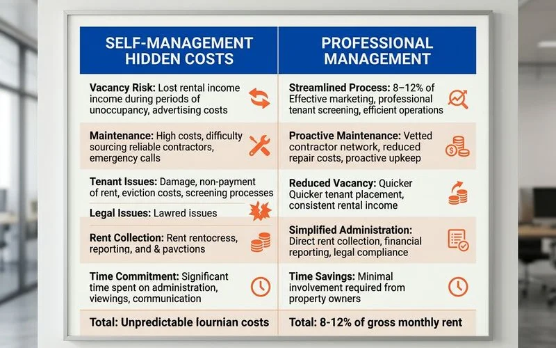 Cost comparison table showing DIY hidden costs vs professional management fee
