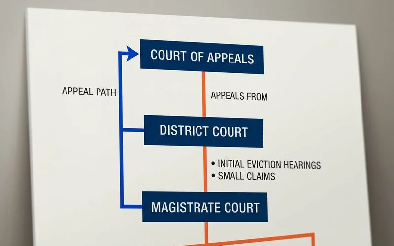 NC court hierarchy diagram showing magistrate to district court appeal path