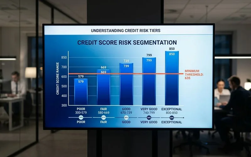 Credit score range chart with the 635 rental qualification threshold marked