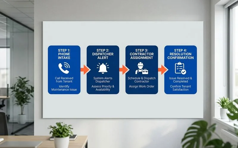 Dispatch flow infographic showing four steps from tenant call to resolution
