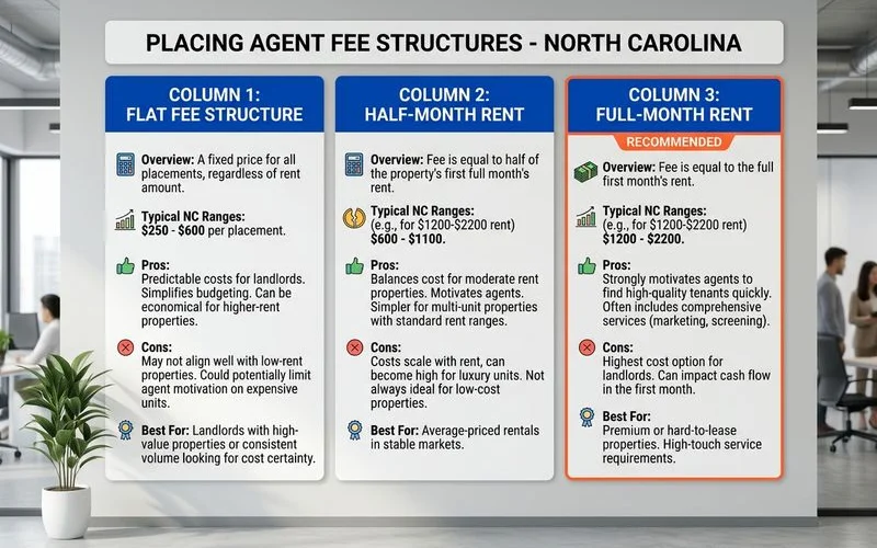 Fee structure comparison showing flat fee vs half month vs full month placement pricing