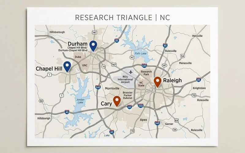 Map of the Research Triangle showing Durham, Raleigh, and Chapel Hill coverage