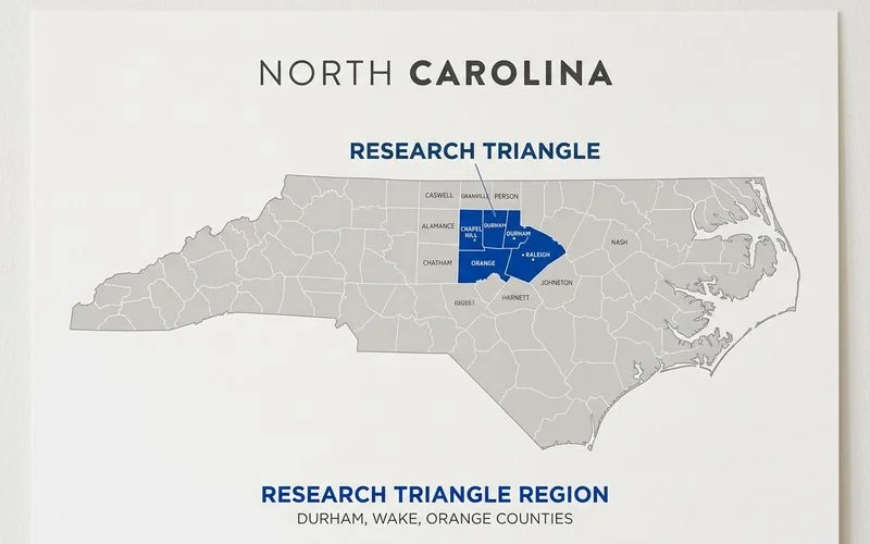 North Carolina map with the Research Triangle highlighted