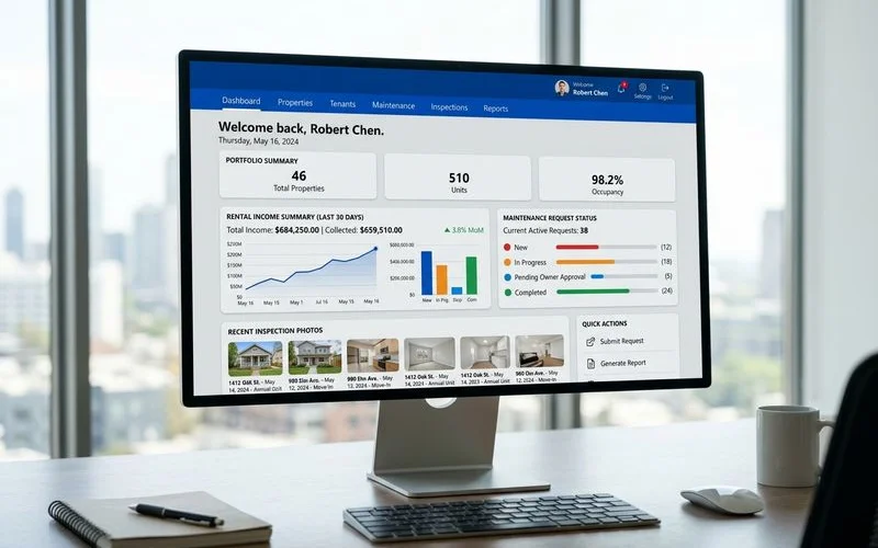 Buildium owner portal dashboard showing rental income, maintenance, and inspection photos