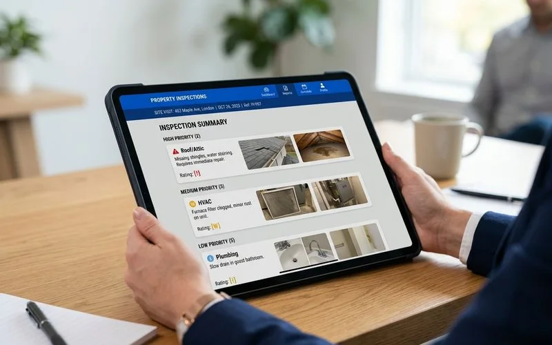Sample owner portal inspection report showing photos and categorized findings