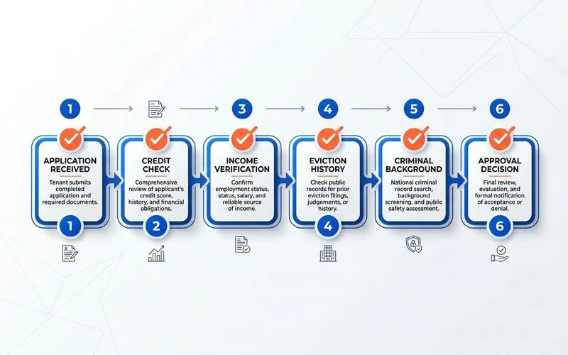 Screening pipeline infographic showing six sequential steps