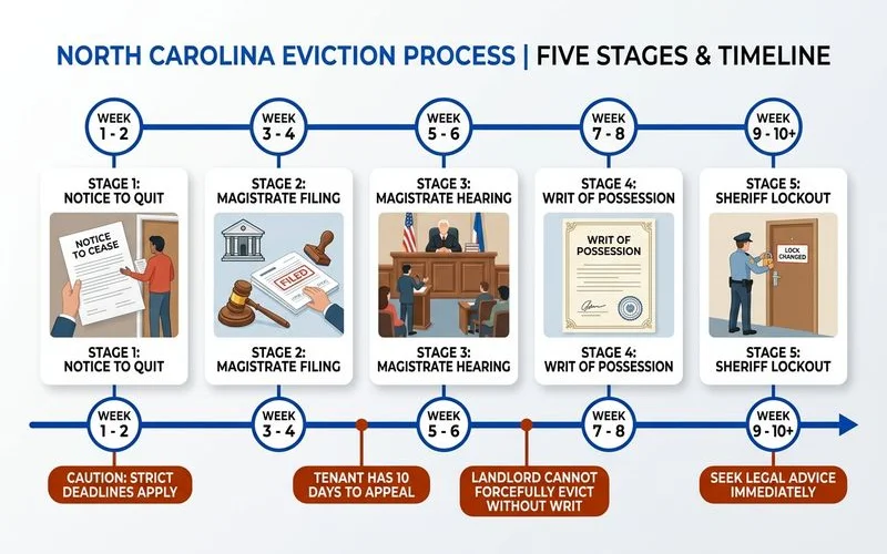 Timeline infographic showing five stages of the NC eviction process