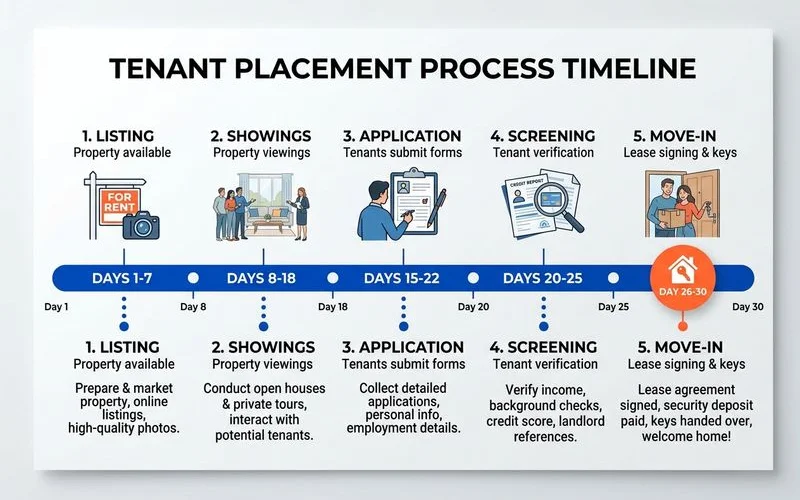 Visual timeline showing five stages of tenant placement with day markers