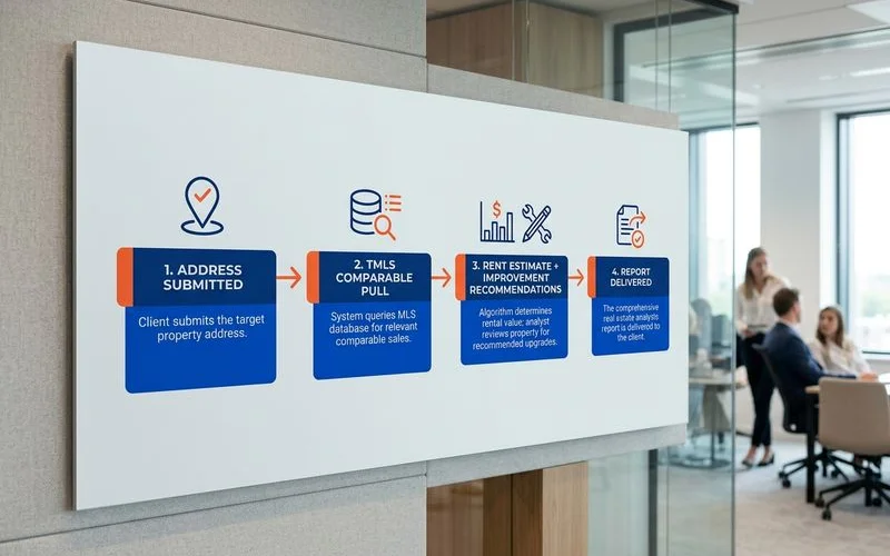 Workflow diagram showing the rental analysis process from address to delivery