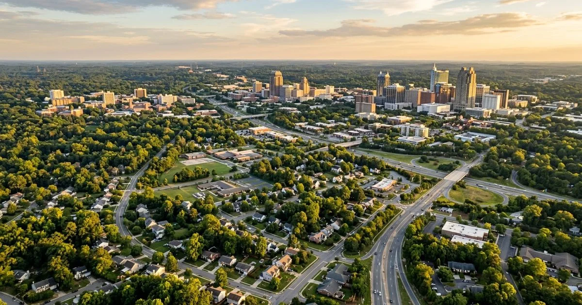 Aerial view of the Durham Research Triangle at golden hour