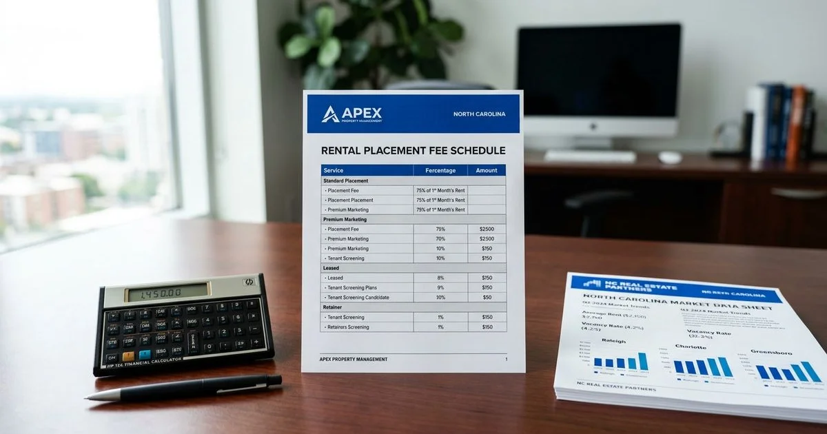 Calculator and rental contract on a desk with NC market data