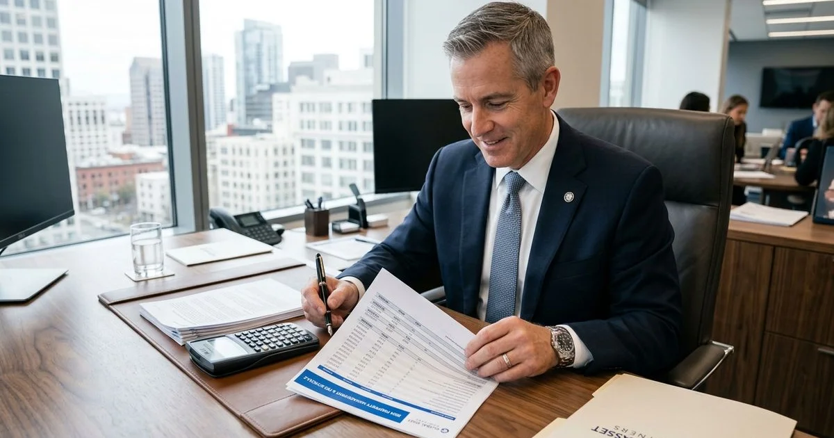 Owner reviewing a property management fee structure with a calculator