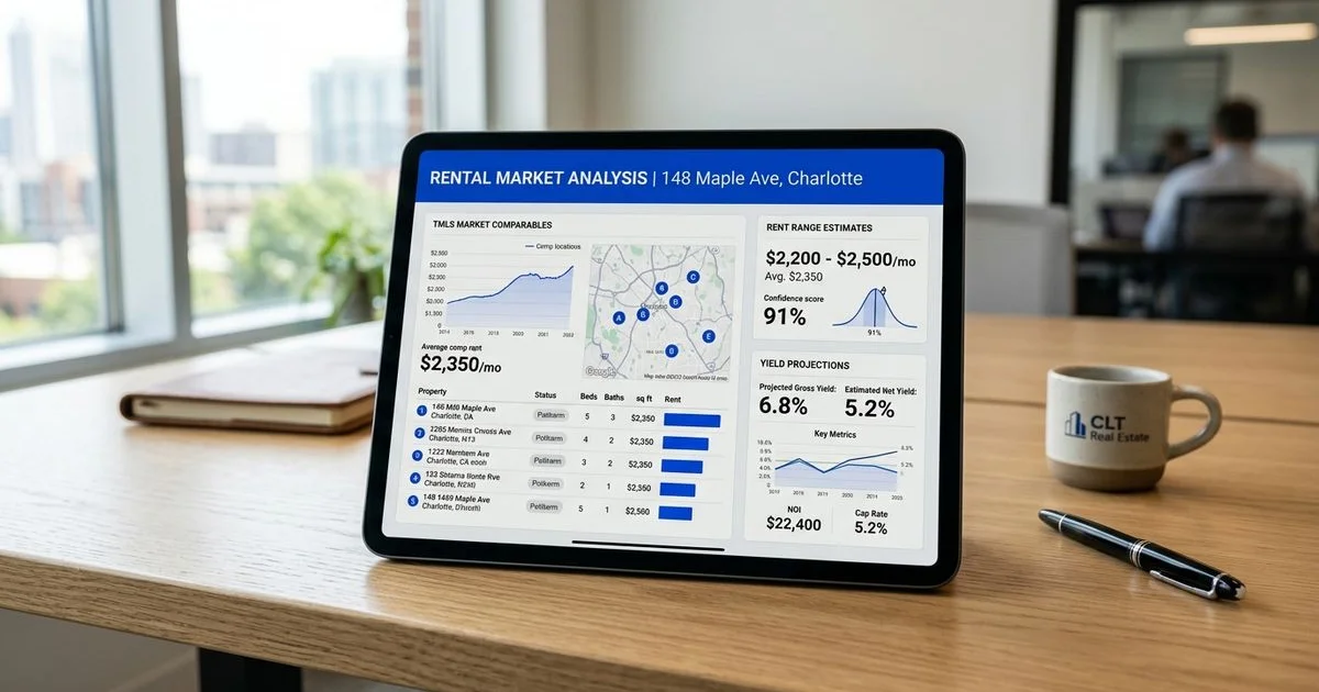 Sample rental analysis report on a tablet showing TMLS comp pull and rent range