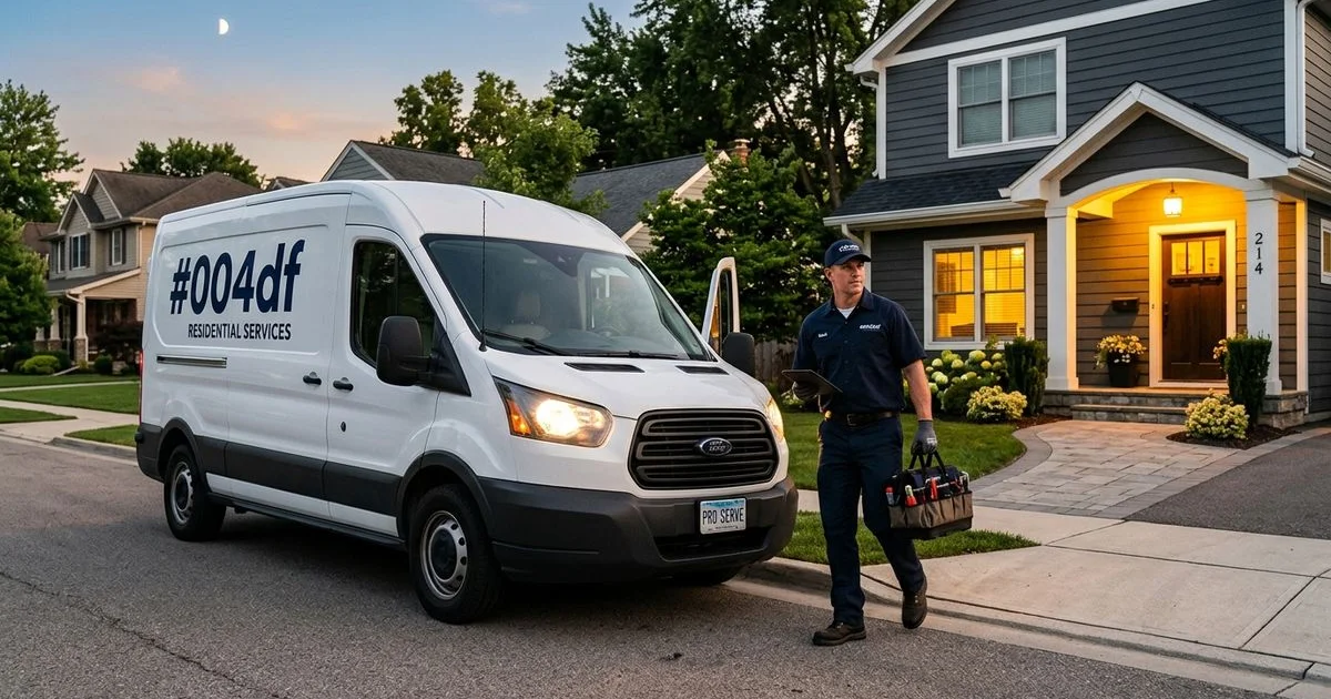 Service vehicle arriving at a residential rental property for emergency maintenance