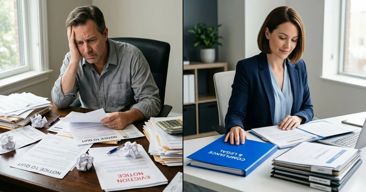 Side-by-side comparison of DIY eviction handling and professional property manager