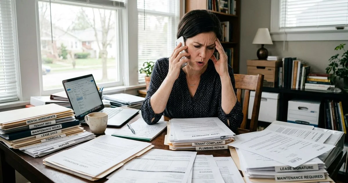 Stressed landlord weighing the decision to hire a property manager